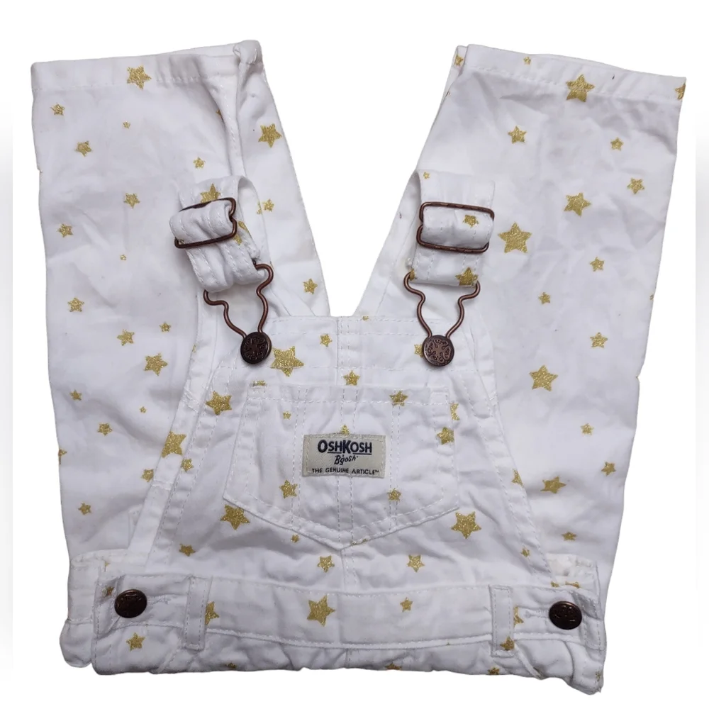 OshKosh B'Gosh Gold Sparkle Stars White Bib Overalls Girls Size 9 Months 9M